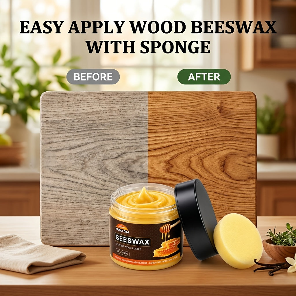 Wood Beeswax Protector Polish with Polishing Sponge – Non-Greasy Formula Boosts Gloss & Durability for Cabinets, Stairs, Cutting Boards & Hardwood Furniture