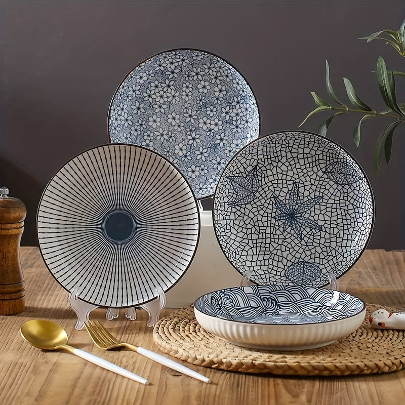 4-Piece Japanese Style Ceramic Plate Set 7 Inch Deep Round Serving Plates Nordic Floral Underglaze Non-Slip Edge for Steak Salad Home Kitchen