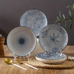 4-Piece Japanese Style Ceramic Plate Set 7 Inch Deep Round Serving Plates Nordic Floral Underglaze Non-Slip Edge for Steak Salad Home Kitchen