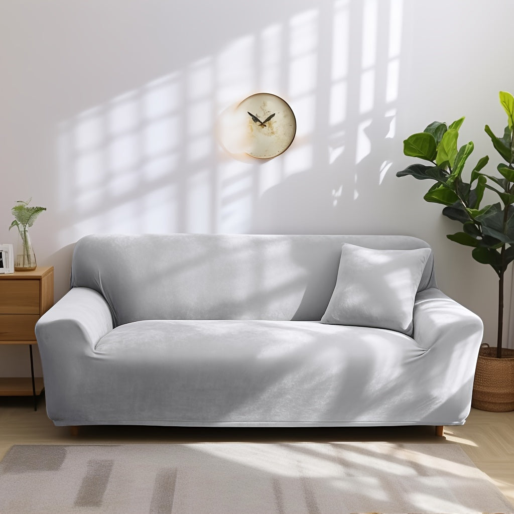 Velvet Stretch Sofa Cover Slipcover – Thick High-Elasticity Plush Couch Cover for L-Shape 1 2 3 4 Seater, Polyester Spandex Furniture Protector with Pillowcase for Living Room