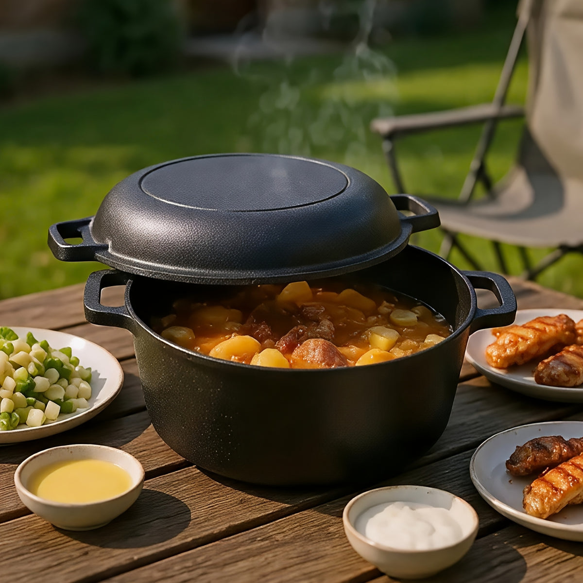 Cast Iron Dutch Oven Set 2-in-1 5.1QT Dutch Oven and 1.9QT Skillet Lid with Accessories Induction Oven Campfire Safe Holiday Cooking Kit for Soups Stews Baking Frying Camping BBQ
