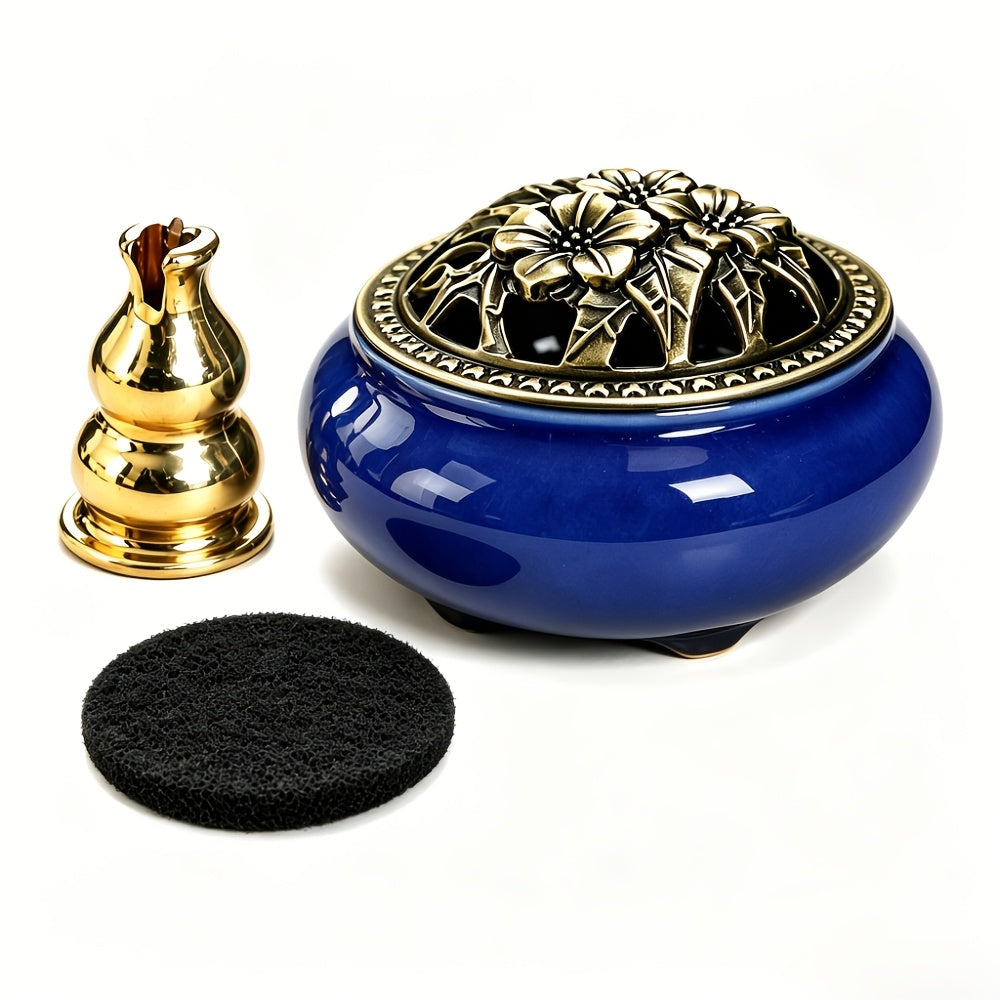 Ceramic Incense Holder Set 4pcs Large Kiln-Fired with Vintage Brass Lid & Fireproof Mat – Stick, Cone & Coil Incense Burner for Home Meditation, Zen Decor & Aromatherapy