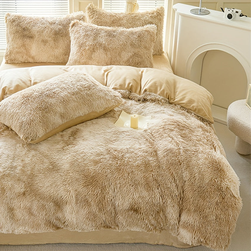 3-Piece Tie-Dye Long Plush Duvet Cover Set 1 Duvet Cover + 2 Pillowcases Zip Closure Machine Washable All-Season Elegant Bedroom Pink Khaki Light Gray Twin Full Queen King