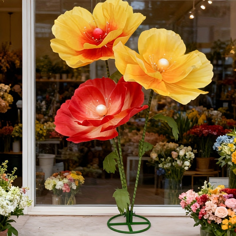 Large Artificial Poppy Flowers 3pcs Giant Orange Yellow Red Blooms Realistic Faux Floral for Wedding Centerpiece Party Decor Photo Booth Spring Home Decoration