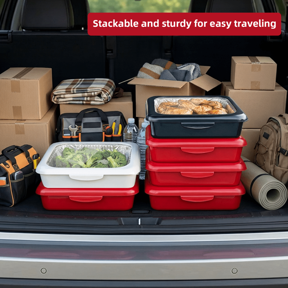Reusable Food Storage Tray Set 4PCS 2-in-1 Plastic Serving Tray with Foil Trays – Holiday Party Containers for Christmas, Thanksgiving, BBQ & Outdoor Gatherings, White, Red & Black