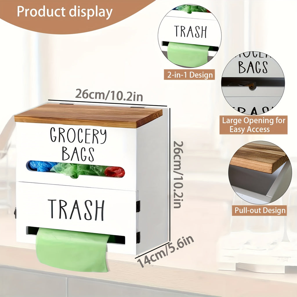 2-in-1 Wooden Garbage Bag Dispenser & Organizer - Wall-Mount or Cabinet Hanging Bag Holder for Kitchen & Bathroom, Large Capacity, White or Black