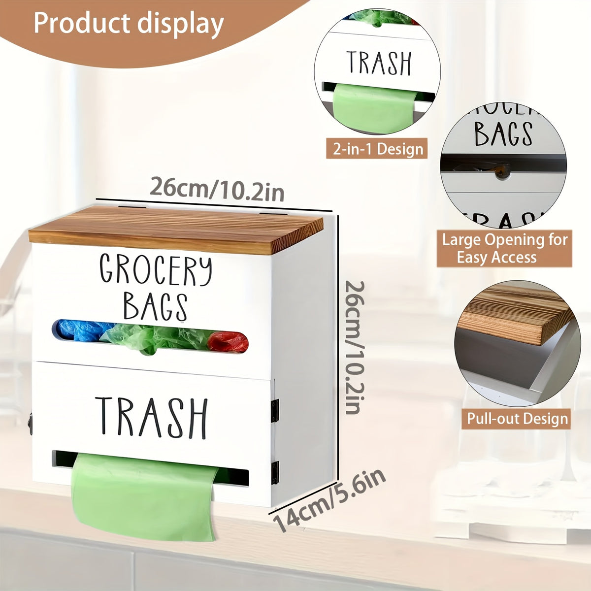 2-in-1 Wooden Garbage Bag Dispenser & Organizer - Wall-Mount or Cabinet Hanging Bag Holder for Kitchen & Bathroom, Large Capacity, White or Black