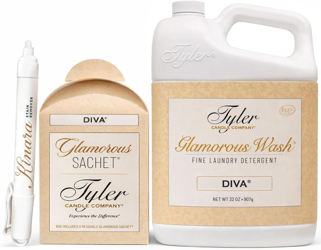 Luxury Scented Laundry Detergent Set, Diva Fragrance Fine Liquid Wash 32oz with Dryer Sachets & Stain Remover Pen, Hand & Machine Safe for Delicates Linens Clothing