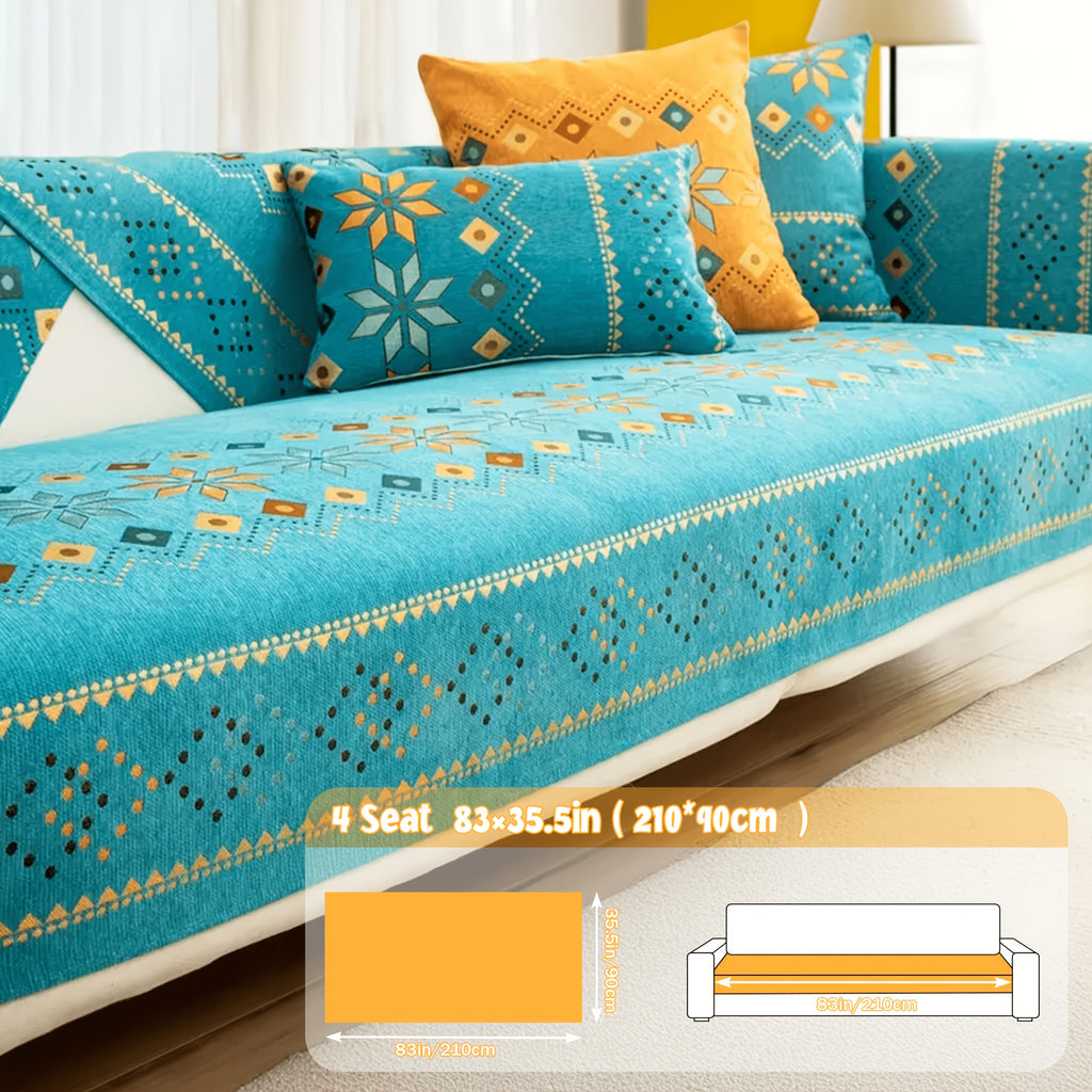 Chenille Sofa Cover Bohemian Geometric Slipcover | Light Breathable Non-Slip Machine Washable Couch Protector for 2/3/4 Seat L-Shape Sectional, Pet & Kid Friendly, White Green