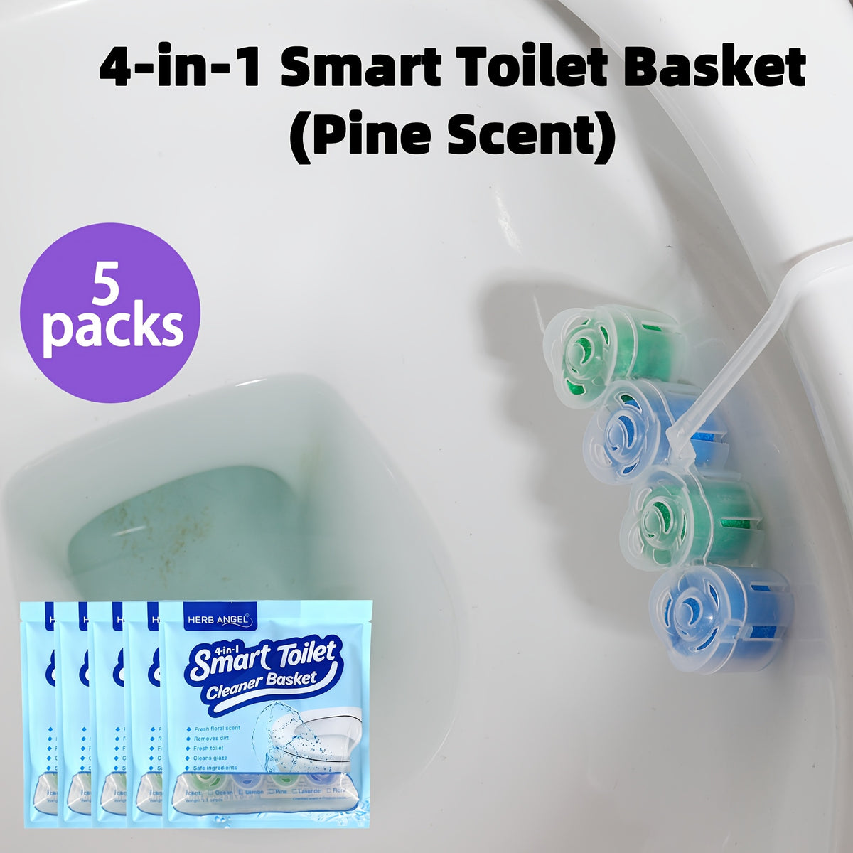 4-in-1 Toilet Cleaner Hanging Basket 5 Pack 65g – 200+ Flushes, Deodorizes & Removes Yellow Stains, Non-Corrosive Tablets for Smart, Hanging & No-Tank Toilets, 4 Fresh Scents: Ocean, Lemon, Lavender, Floral