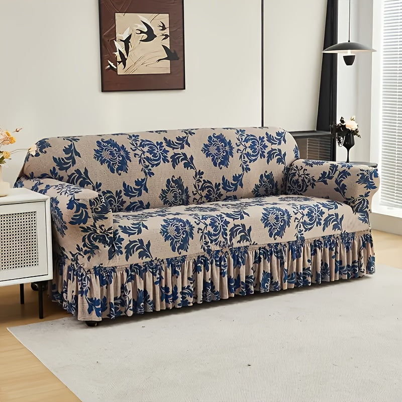 Printed Skirt Design Sofa Cover with Anti-Slip Fixing Rods – High Elasticity Four-Season Fiber Slipcover Keeps Sofa Neat & Beautiful