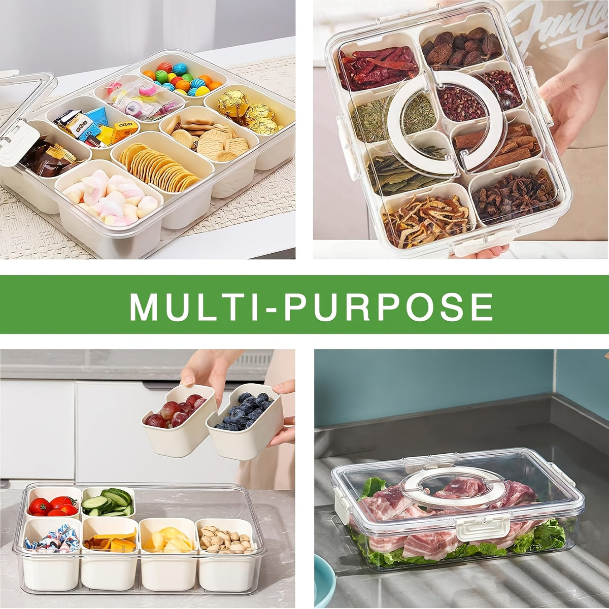 Snack Box Container Tray with Lid & Separate Compartments 2-Pack – Dishwasher-Safe PET Plastic Food Storage Organizer for Picnics, Travel, Parties, Lunchboxes & Office