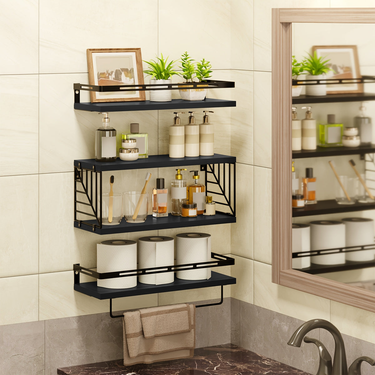 Floating Shelves Over Toilet 3/4 Piece Set – Farmhouse Wood Wall-Mounted Bathroom Shelf for Toilet Paper Storage, Small Bathroom Organizer in Black & Brown