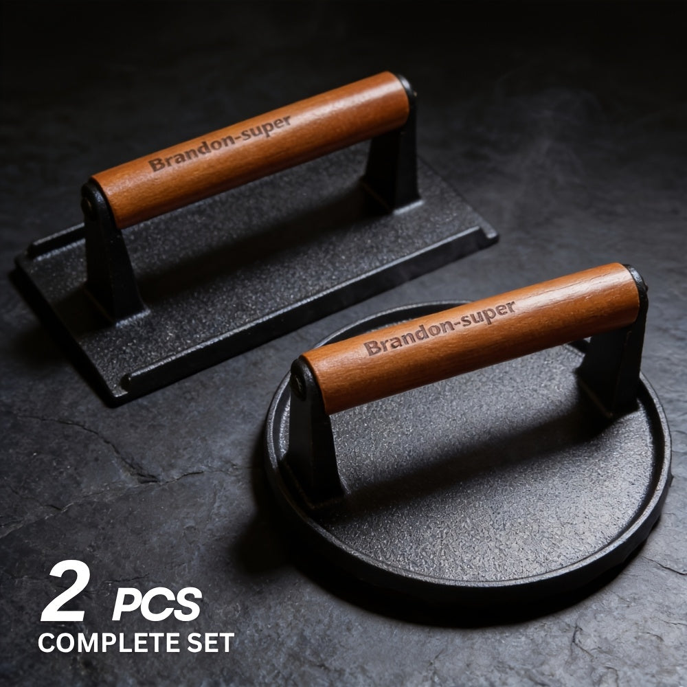 Cast Iron Burger Press Kit Round & Rectangular with Wooden Handle – 2-Piece Heavy-Duty Smash Burger Press for Grilling, BBQ, Sandwiches, Camping & Family Cookouts