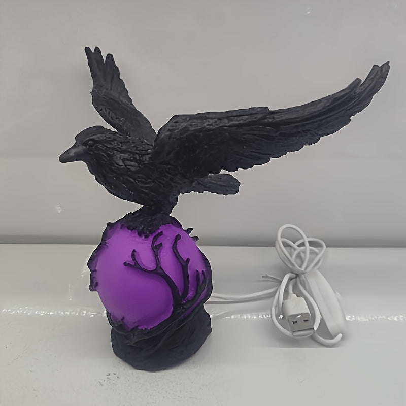 Raven Moonlight Gothic Statue Lamp – Mysterious Raven on a Glowing Sphere, Fantasy Home Decor Light for Bedroom, Study Room & Office – Unique Gift for Gothic Collectors