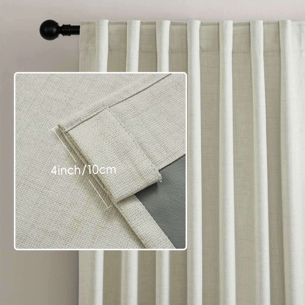 Faux Linen Blackout Curtains 2 Panels for Bedroom & Living Room – 100% Blackout, Back Tab & Rod Pocket, Thermal Insulated Farmhouse Drapes