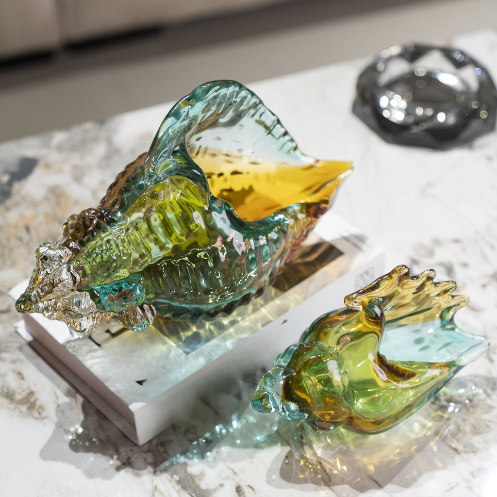 Handmade Glass Conch Art Decoration – Ocean Series Collectible Glass Seashell Sculpture, Tabletop Candy Dish Centerpiece for Bookshelf Dining Table Entryway Living Room Cabinet Home Decor