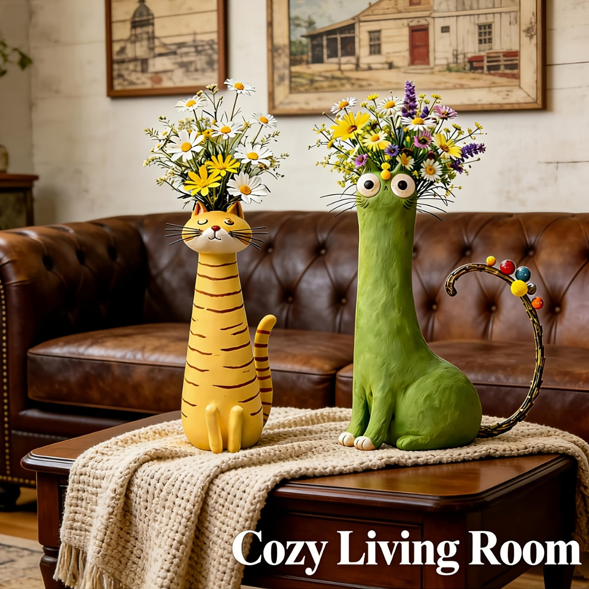 Bohemian Cat Shaped Vase & Flower Pot – Retro Style Plastic Animal Planter, Desktop Shelf Decor & Unique Gift for Cat Lovers, Room Centerpiece & Plant Holder