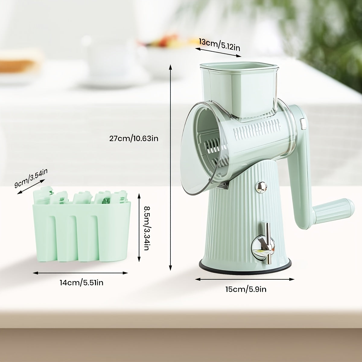 5-in-1 Rotary Cheese Grater with Interchangeable Blades, Suction Cup Base & Handle – Manual Vegetable Slicer Shredder for Cheese, Fruits, Nuts & Vegetables – Easy Clean Kitchen Tool Set