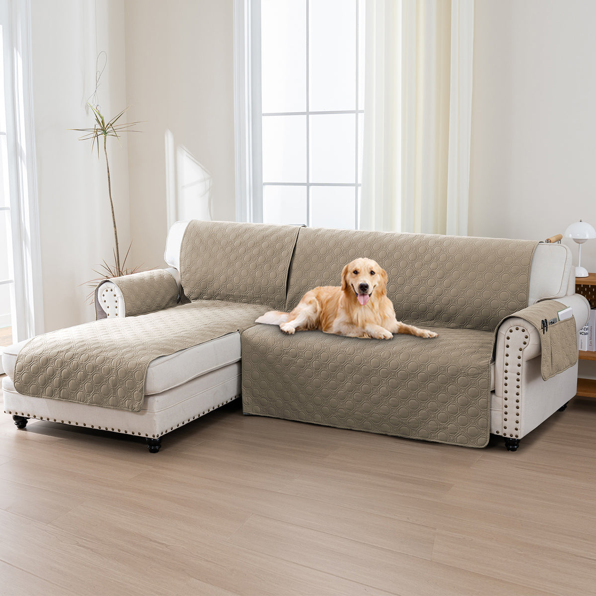 L-Shaped Sectional Sofa Cover 100% Liquid-Resistant Couch Slipcover with Non-Slip Straps for Dogs Cats Pets Left Right Chaise