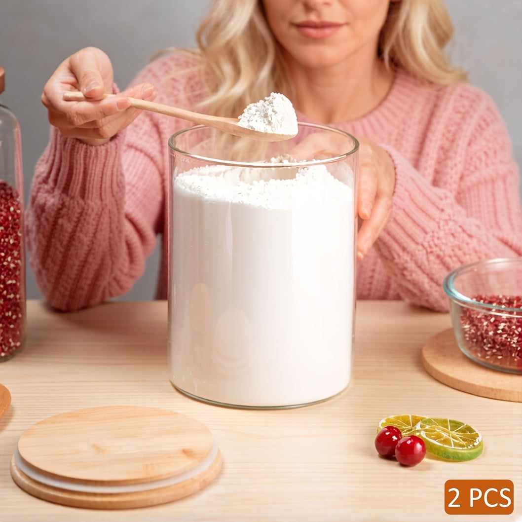 Glass Canisters for Kitchen Counter Set of 2 Large 101oz Airtight Lids, Wooden Lid Cookie Jars, Food Storage Containers for Sugar, Flour, Pasta, Coffee Beans & Candy