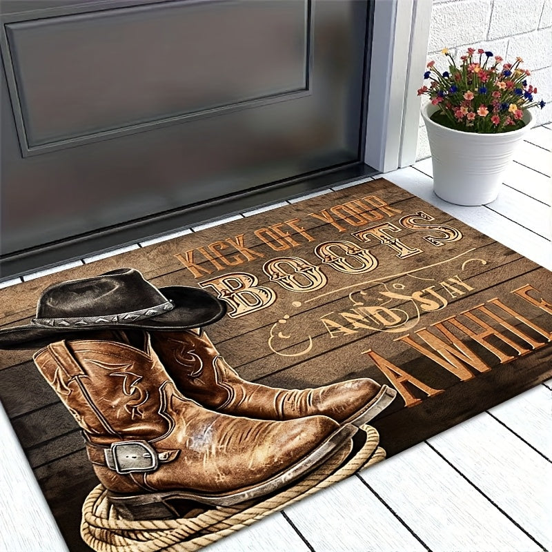 Western Cowboy Boot Doormat Indoor Outdoor Farmhouse Welcome Mat | "Take Off Your Boots" Rustic Ranch Entrance Rug for Front Door Porch Mudroom – Durable Polyester, Easy Clean, 20x30 & 24x36 Inch