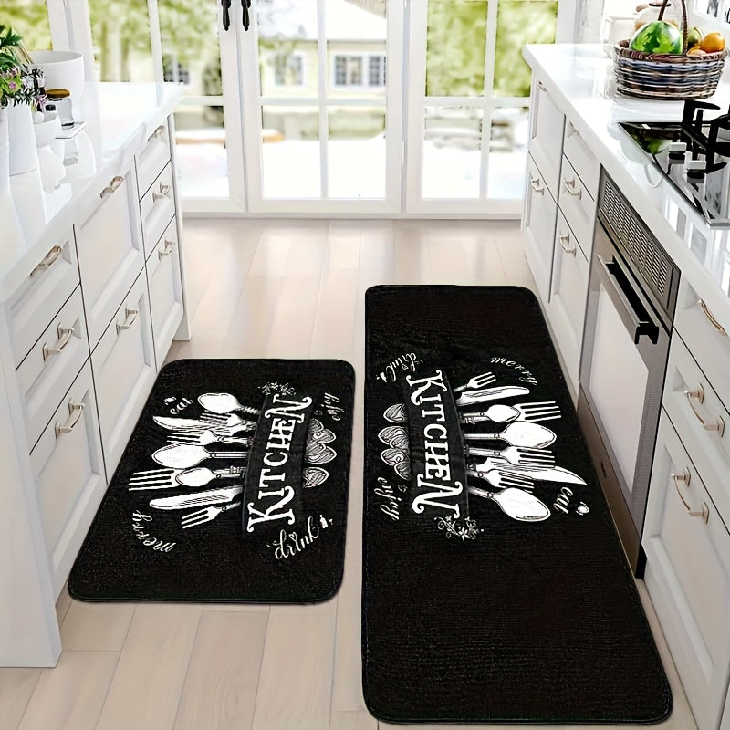 Black Kitchen Mat Set 2 Piece Cookware Pattern Anti-Slip Rubber Backing – Machine Washable Absorbent Soft Polyester Floor Rugs for Kitchen, Bathroom & Entryway