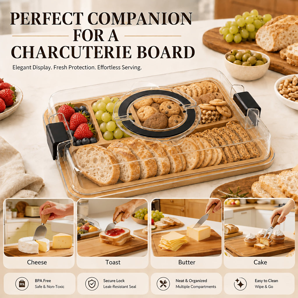Bamboo Charcuterie Board with Clear Lid & 5 Compartments – Serving Platter Tray with Handle, Side Locks & Reusable Snack Board for Cheese, Fruit, Crackers, Appetizers, Party & Holiday Gatherings
