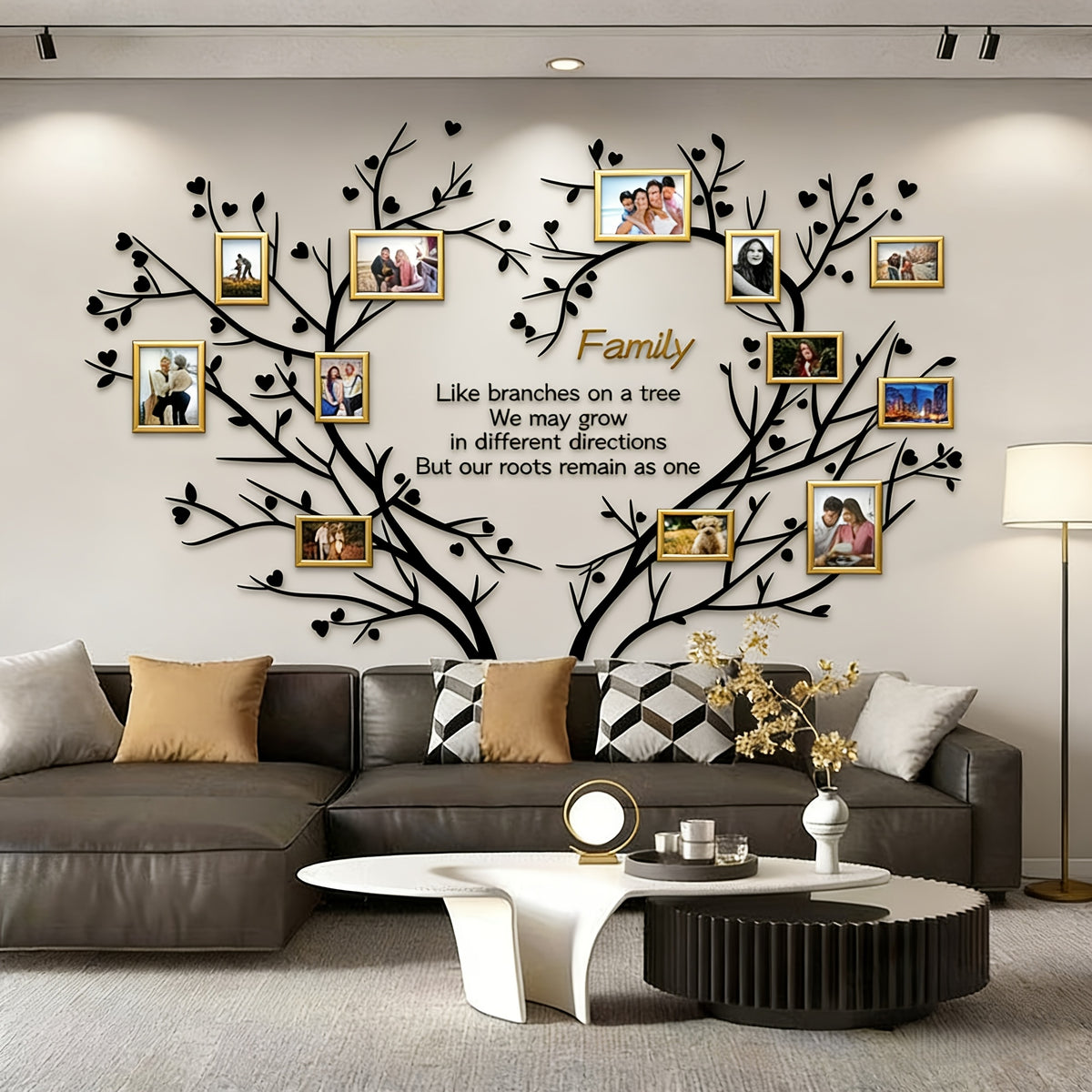 Family Tree Collage Frame Wall Decor - Removable 3D Acrylic Heart Design Photo Frames - DIY Peel and Stick Wall Art for Living Room and Bedroom - Unique Family Gift for Home