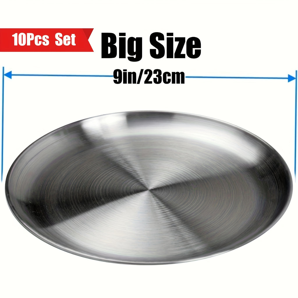 304 Stainless Steel Dinner Plates Set of 10 BPA-Free Dishwasher Safe Non-Toxic Round Metal Plates for Home Outdoor Camping Holiday Use