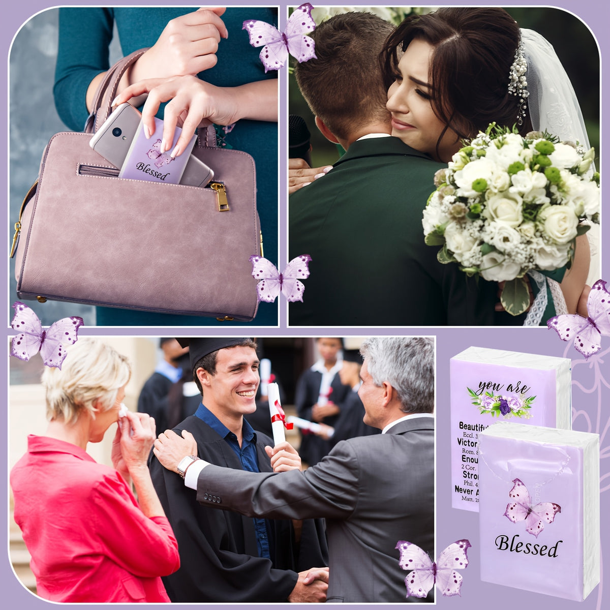 Blessed Pocket Tissues 100 Pack – 3-Ply Individually Wrapped Travel Tissues, Purple Butterfly Lavender Design for Weddings, Graduation & Events