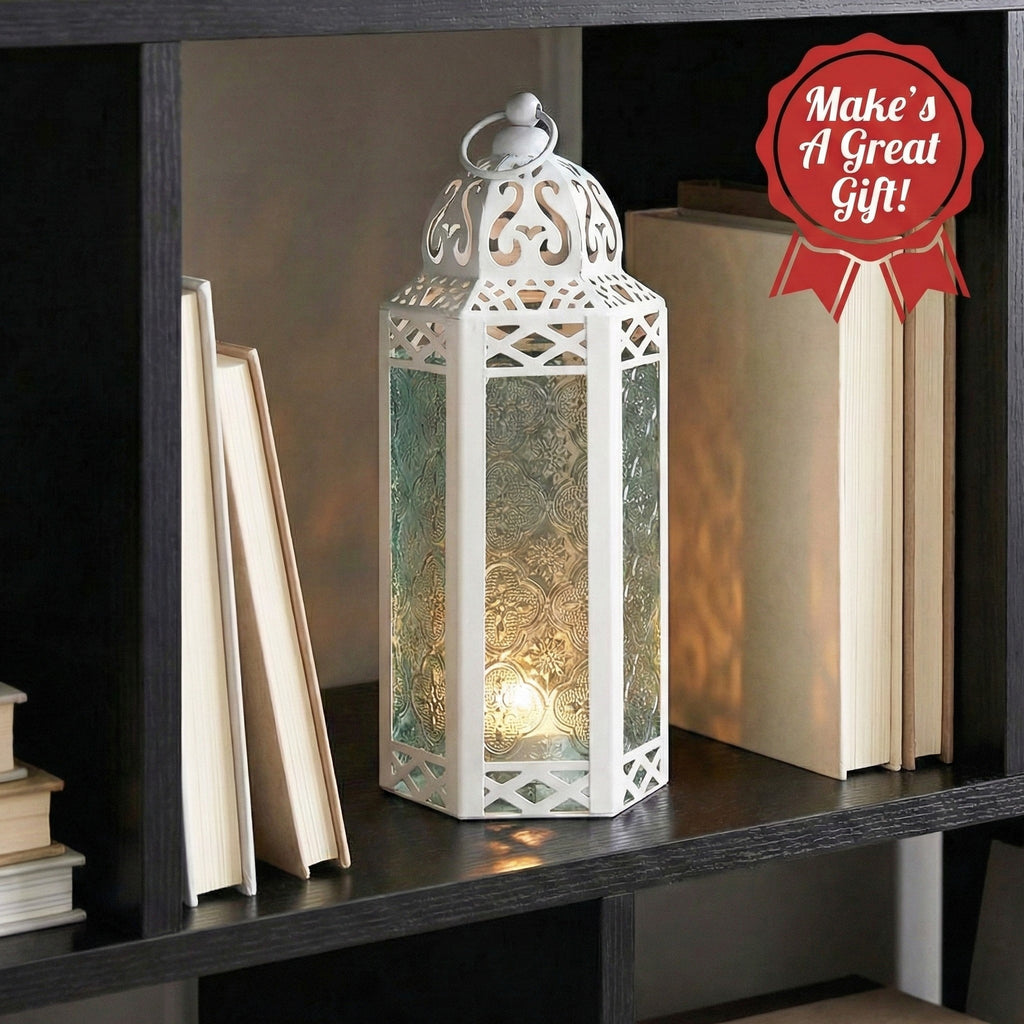 Moroccan Candle Lantern Holder Medium 10.5 Inch – Handcrafted Glass Iron Metal Lantern with Embossed Floral Panels, 17 Colors, Indoor Outdoor Use for Ramadan, Wedding, Patio, Diwali & Home Decor