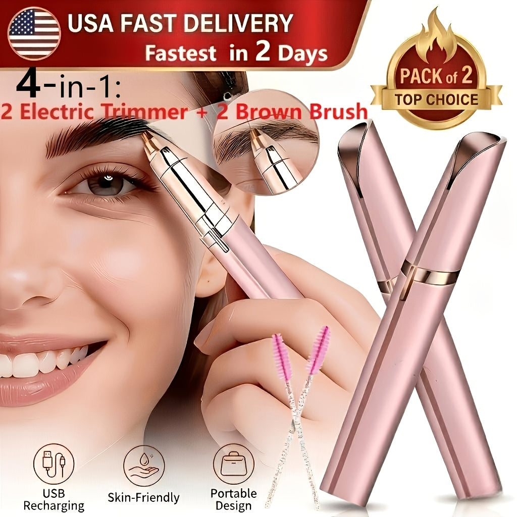 Electric Eyebrow Trimmer 2 Pack USB Rechargeable Painless Precision Hair Remover Women - Face Leg Lip Armpit Portable Razor Pink Rose Gold