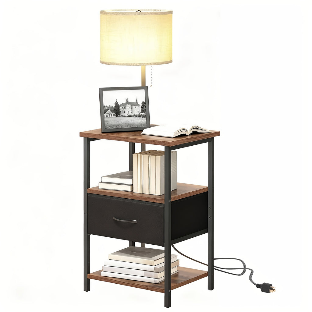 Nightstand with Built-in LED Lamp USB Port & Outlet – 1 or 2 Drawers Bedside Table for Bedroom Living Room, Black Brown White