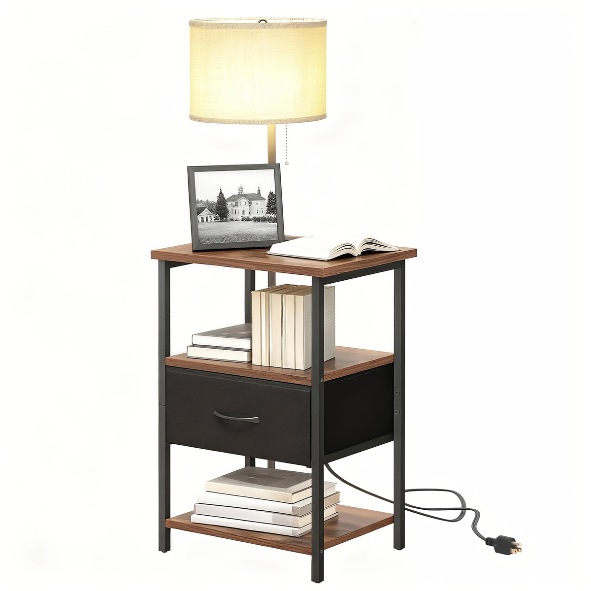 Nightstand with Built-in LED Lamp USB Port & Outlet – 1 or 2 Drawers Bedside Table for Bedroom Living Room, Black Brown White