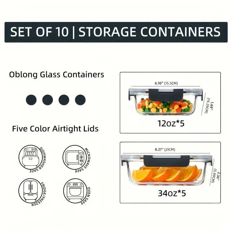 Glass Food Storage Containers with Lids 10-Piece Set – Airtight Leak-Proof Meal Prep Bento Boxes, Microwave Oven Freezer & Dishwasher Safe