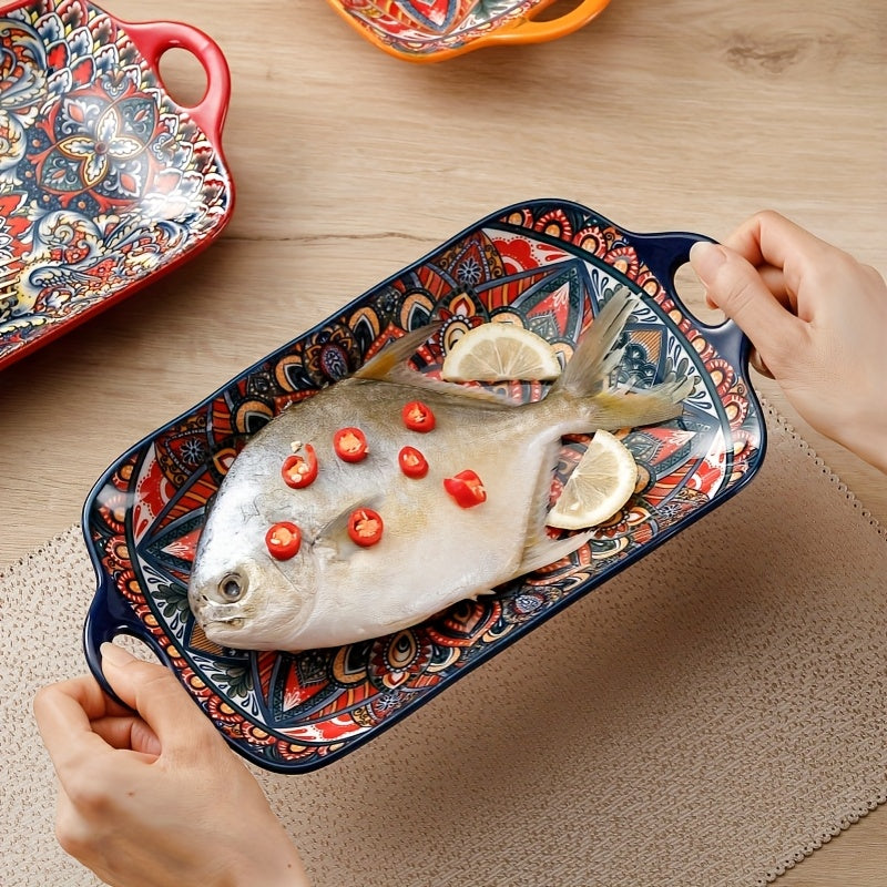 4-Piece Bohemian Ceramic Double-Ear Rectangular Fish Plate Set – Decorative Serving Platter & Baking Tray for Pasta, Steak, Sushi, Salad & Western Cuisine