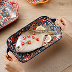 4-Piece Bohemian Ceramic Double-Ear Rectangular Fish Plate Set – Decorative Serving Platter & Baking Tray for Pasta, Steak, Sushi, Salad & Western Cuisine