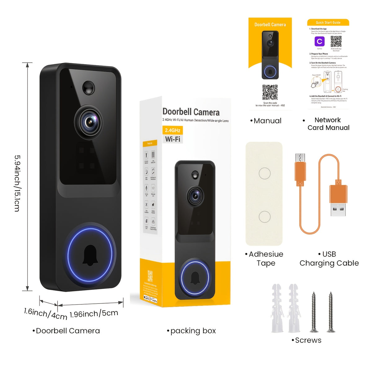 1440P Smart Video Doorbell Camera Wireless WiFi Night Vision AI Snapshot Two-Way Intercom Rechargeable Battery Local Storage Home Security