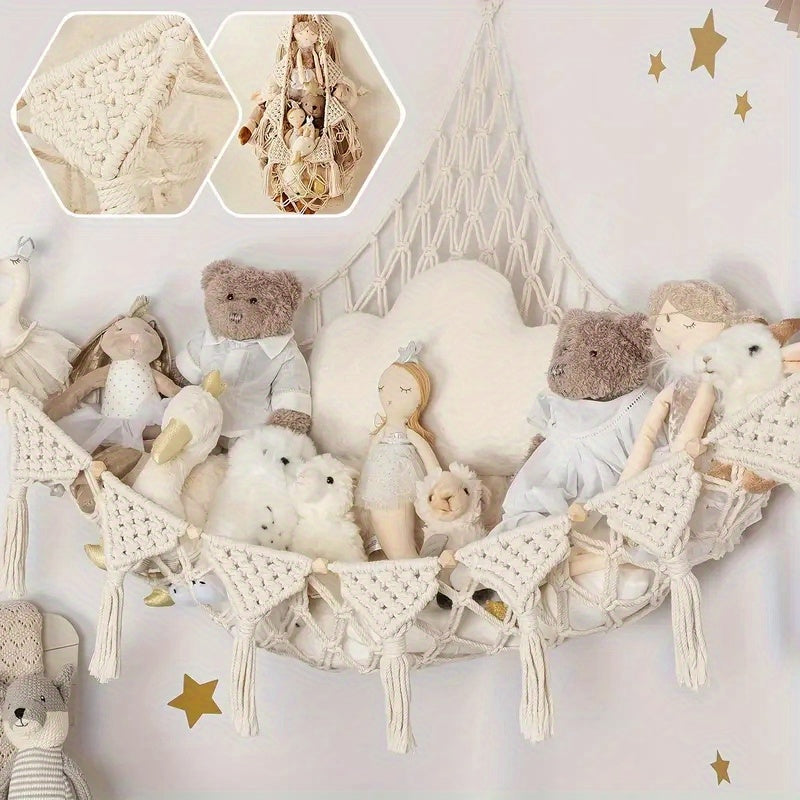 Stuffed Animal Storage Net with LED Lights – Corner Hanging Plushie Organizer for Kids Bedroom & Nursery, Jumbo Doll Net Room Decor, Holiday Gift for Children