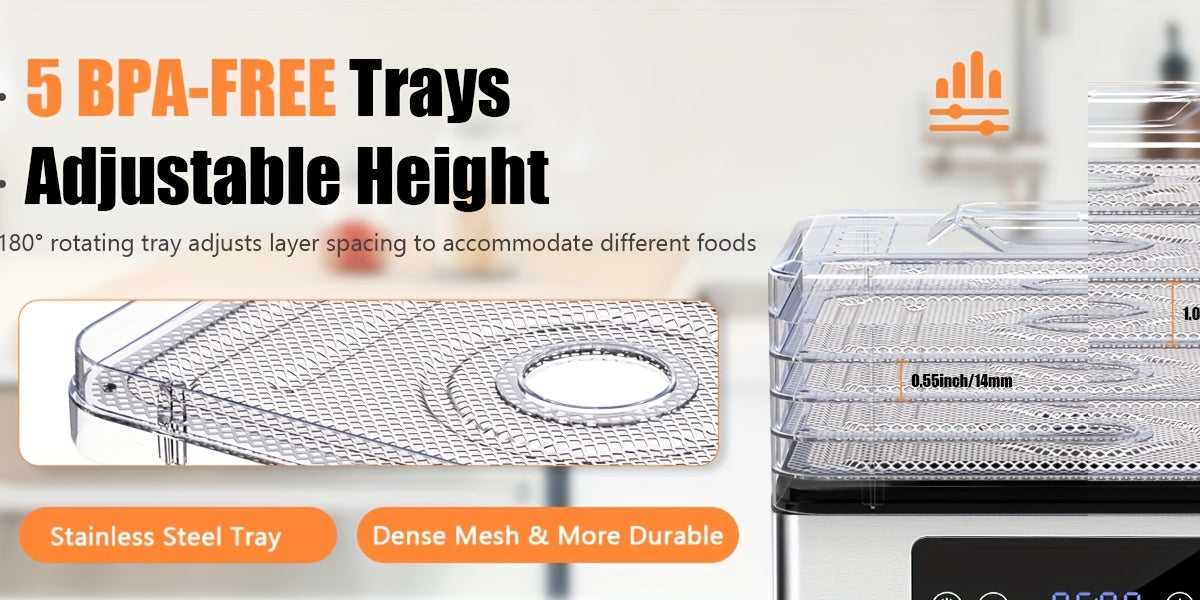 Food Dehydrator Machine 5 Stainless Steel Trays 420W 48H Timer 95-160F Temp Control for Jerky Herbs Meat Fruit with Recipe Book