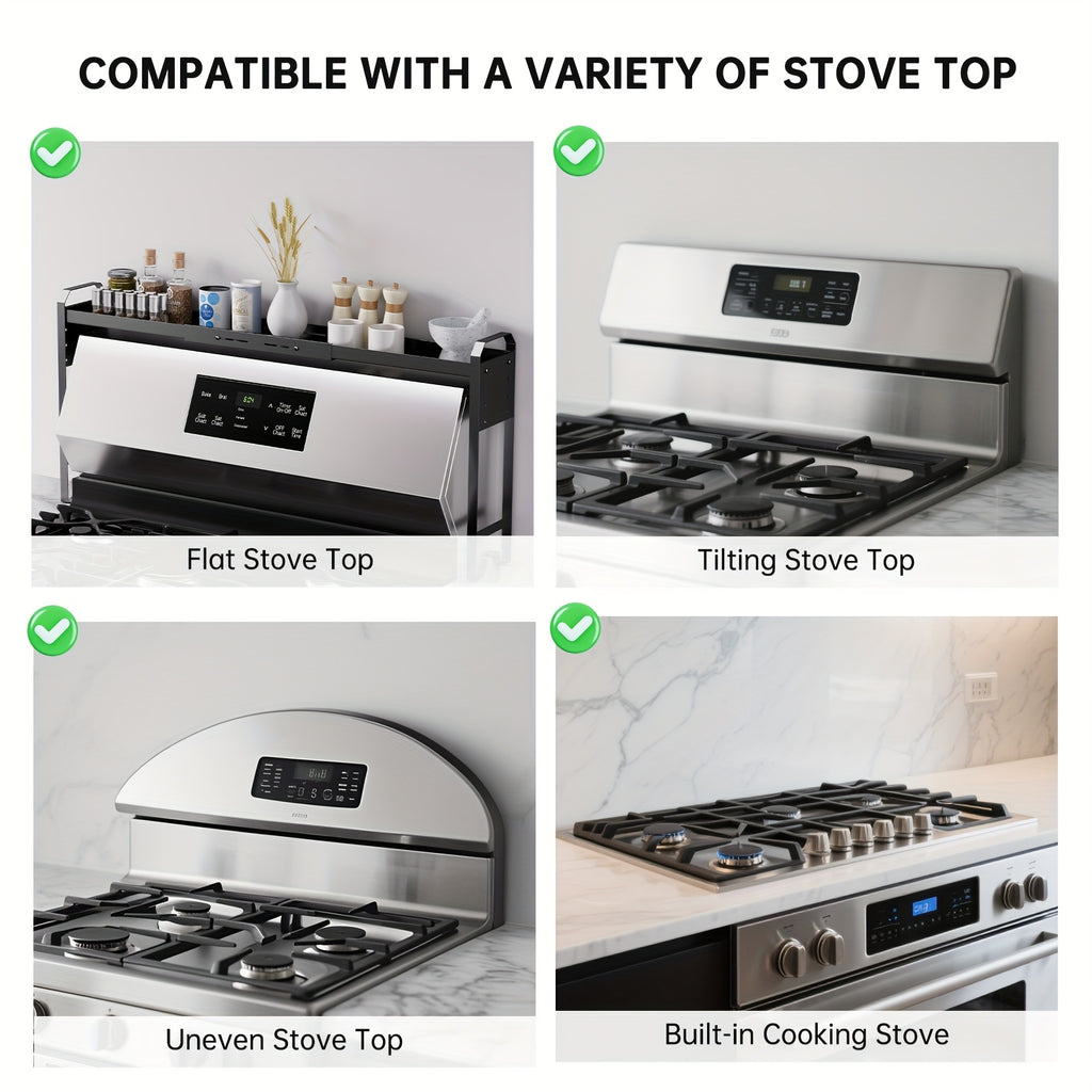 Stove Top Shelf Expandable Spice Rack – Adjustable Back of Stove & Over Sink Shelf for Kitchen Storage Organization, Black