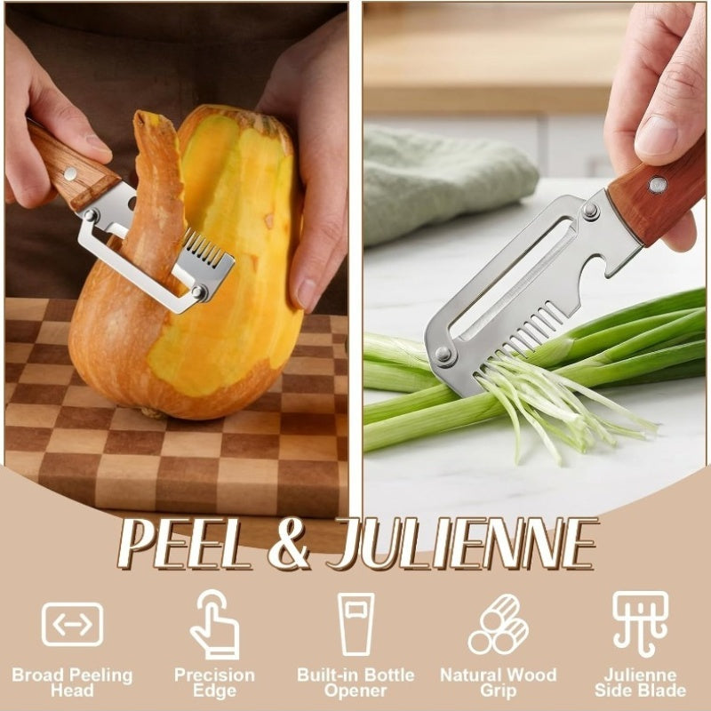 Vegetable Peeler Set 4-Piece Wooden Handle Stainless Steel Wide Blade – 3-in-1 Peeler Shredder & Bottle Opener for Potato Carrot, Kitchen Camping Travel Holiday Banquet Tool