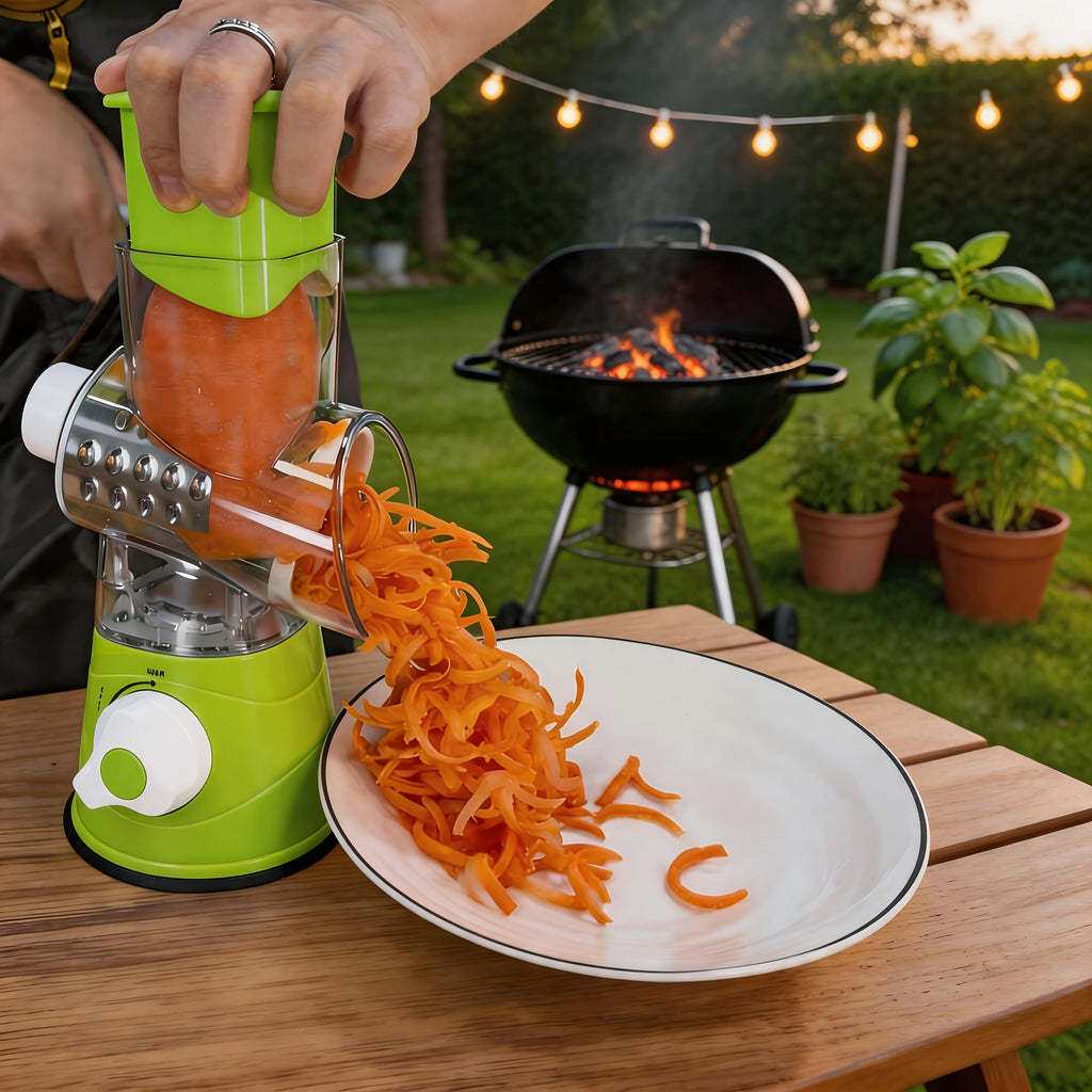 3-in-1 Manual Rotating Cheese & Vegetable Slicer with Interchangeable Drum – Handheld Stainless Steel Grater, Peeler & Chopper for Potatoes, Carrots, Cheese | Camping & Kitchen Use
