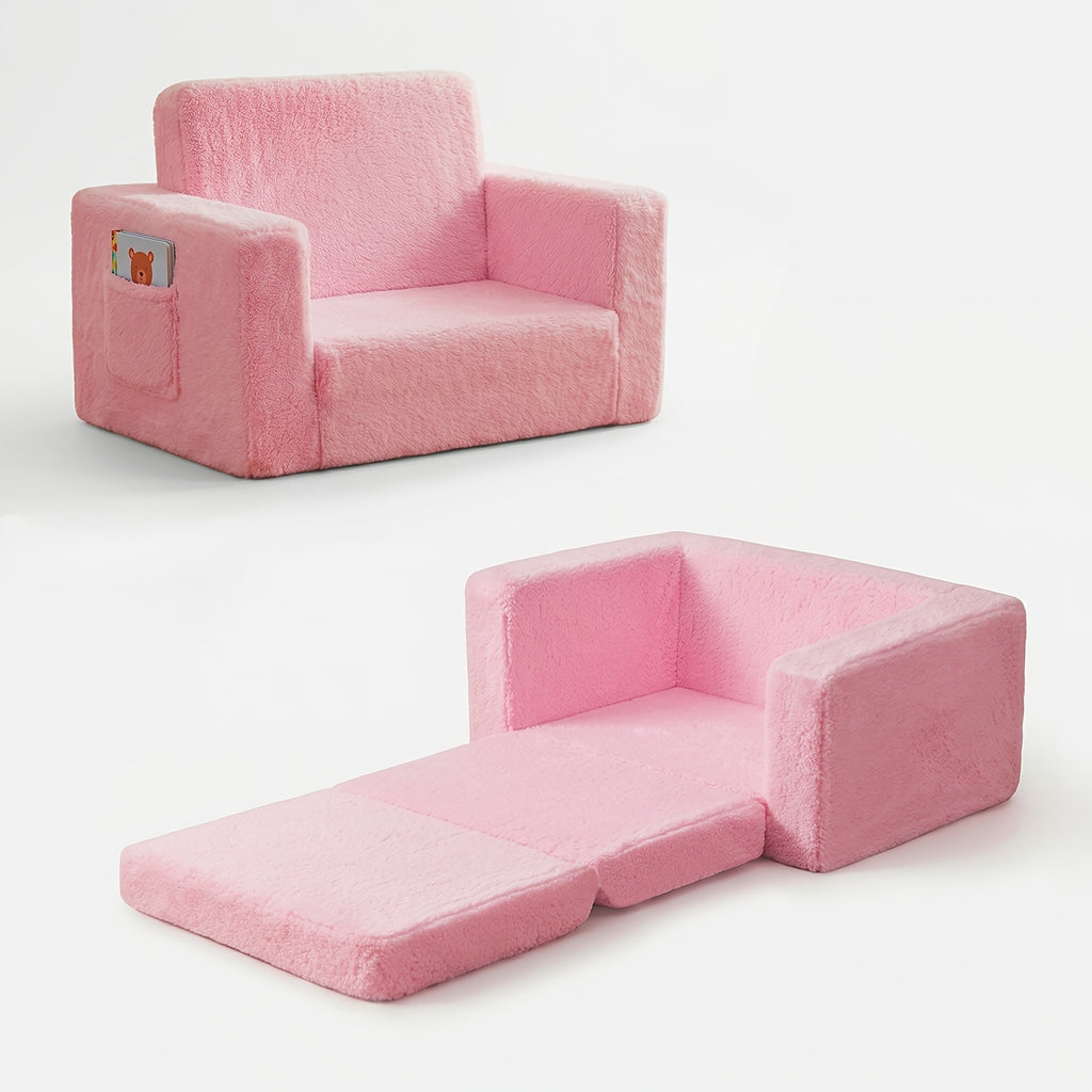 Kids Sofa Chair 2-in-1 Convertible Recliner – Soft Plush Velvet with Storage Pocket & Armrest Pockets, Folding Lounge Chair for Boys & Girls | Pink, Grey & White