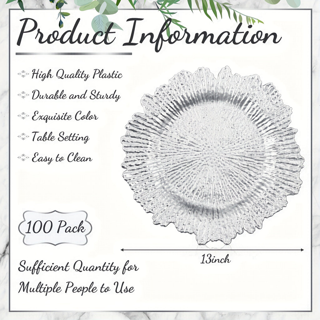 Reef Charger Plates Bulk 100 Pack Silver – 13 Inch Plastic Floral Ruffled Rim Metallic Decorative Wedding Chargers for Party, Holiday & Event Table Settings