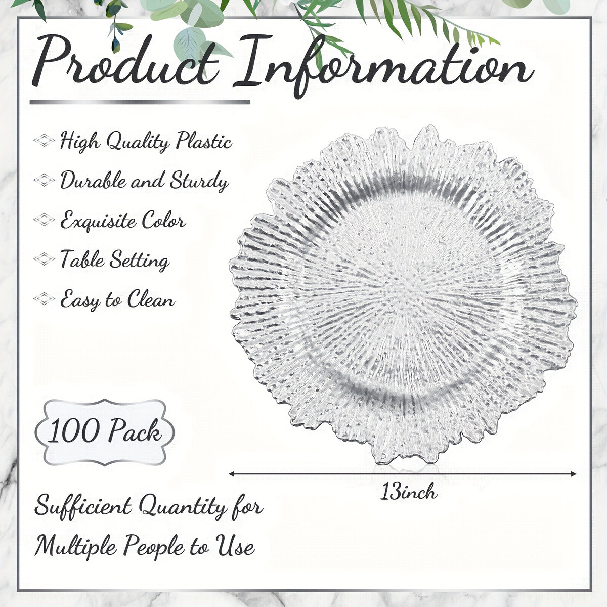 Reef Charger Plates Bulk 100 Pack Silver – 13 Inch Plastic Floral Ruffled Rim Metallic Decorative Wedding Chargers for Party, Holiday & Event Table Settings
