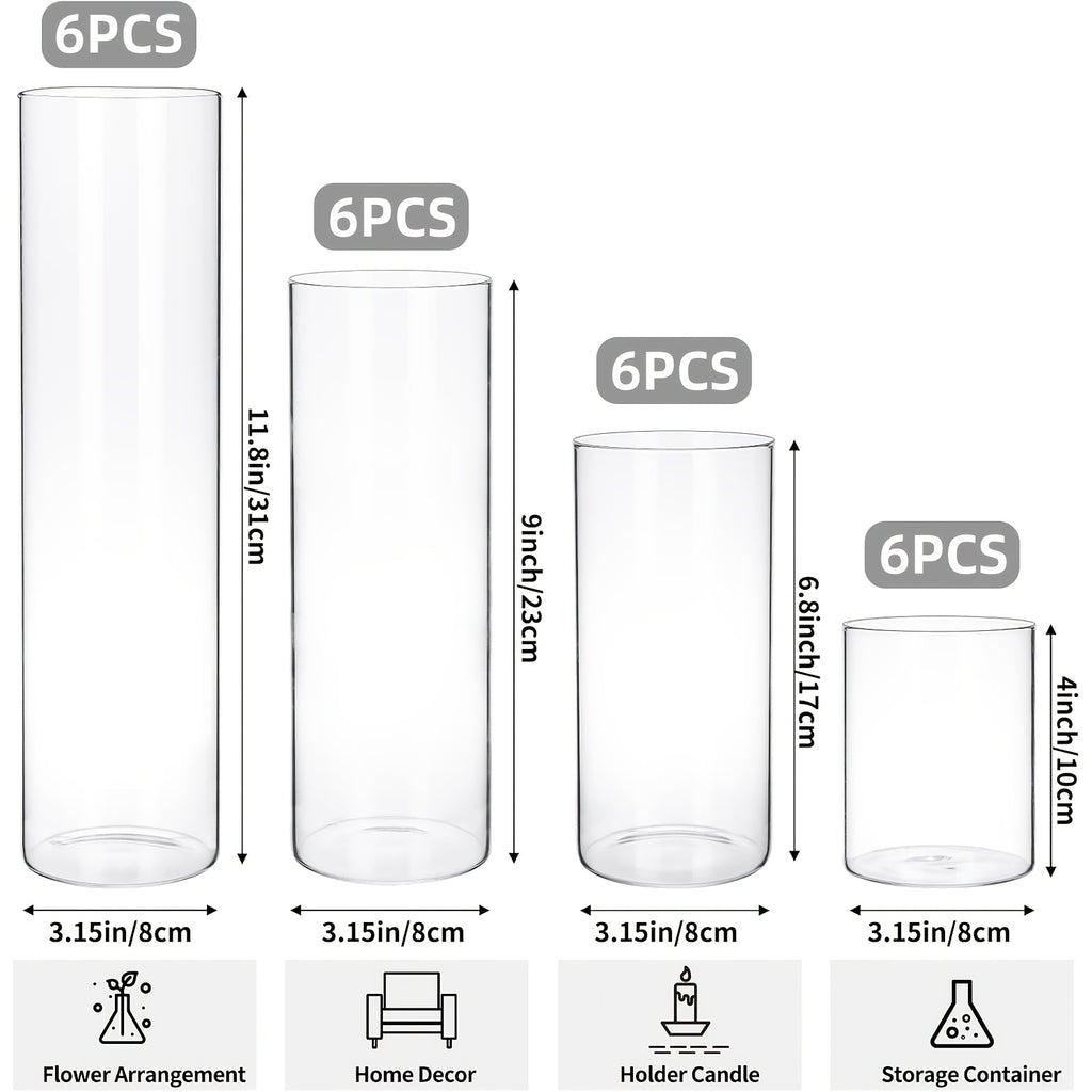 Glass Cylinder Vases Set 12 24pcs 4 Sizes 4 6.8 9 12 Inch Clear Tall Vase & Candle Holder for Wedding Centerpieces, Home Decor Party Table, DIY Candle Making, Flower Arrangements
