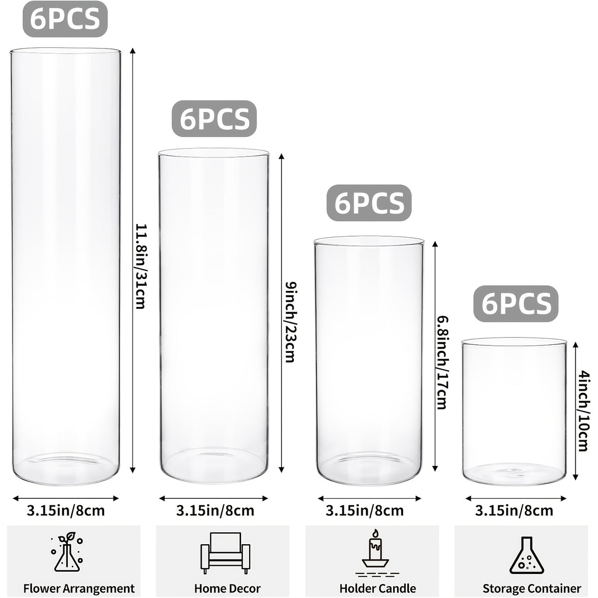 Glass Cylinder Vases Set 12 24pcs 4 Sizes 4 6.8 9 12 Inch Clear Tall Vase & Candle Holder for Wedding Centerpieces, Home Decor Party Table, DIY Candle Making, Flower Arrangements