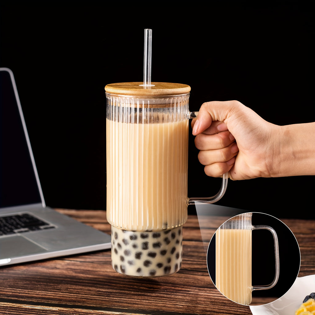 32oz Ribbed Glass Cup with Handle, Bamboo Lid & Straw – Large Clear Glass Tumbler for Iced Coffee, Hot & Cold Drinks – Aesthetic Glassware for Home & Office